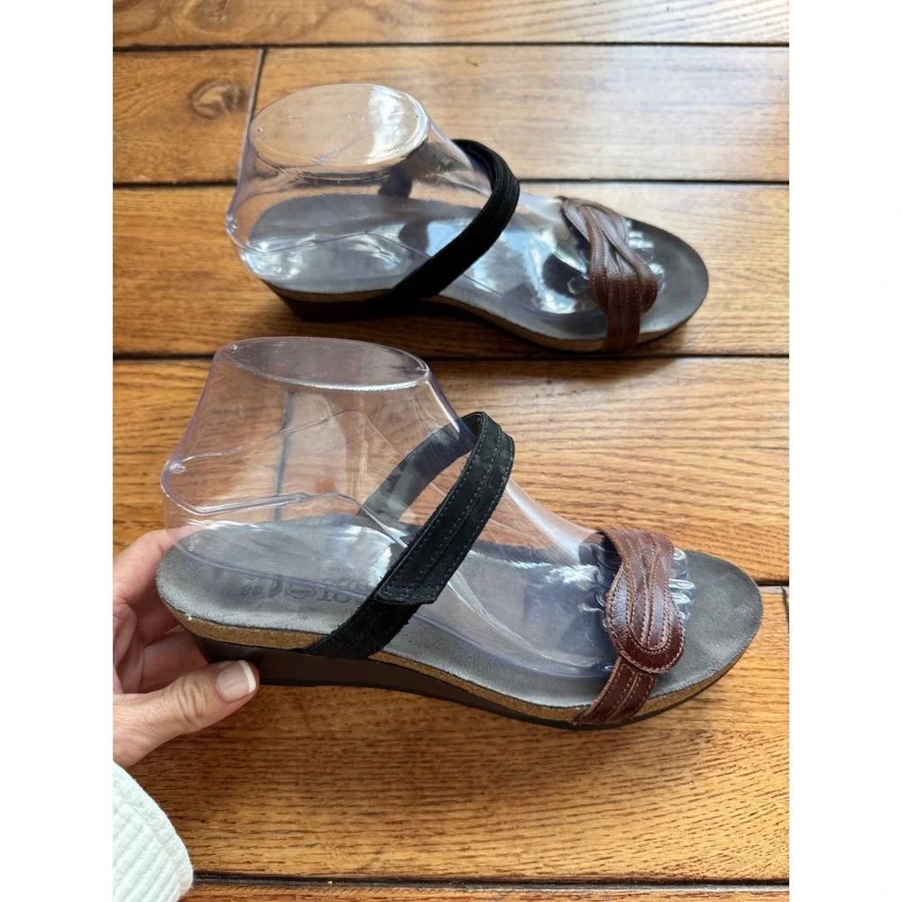 Naot Wedge Sandals Women 38 Brown Black Leather Comfort Cork Footbed Israel